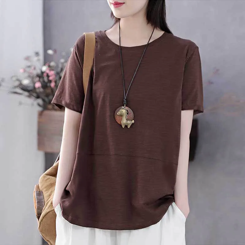 Summer New 2023 Korean Large Women\'s Clothing Short Sleeve Round Neck Tee T-shirt Loose Versatile Solid Color Vintage Tops