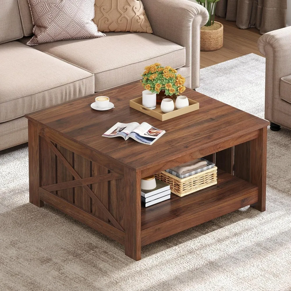 

Farmhouse Coffee Table with Storage, Coffee Tables for Living Room Rustic Wood Cocktail Table, Square Coffee Table for Living M