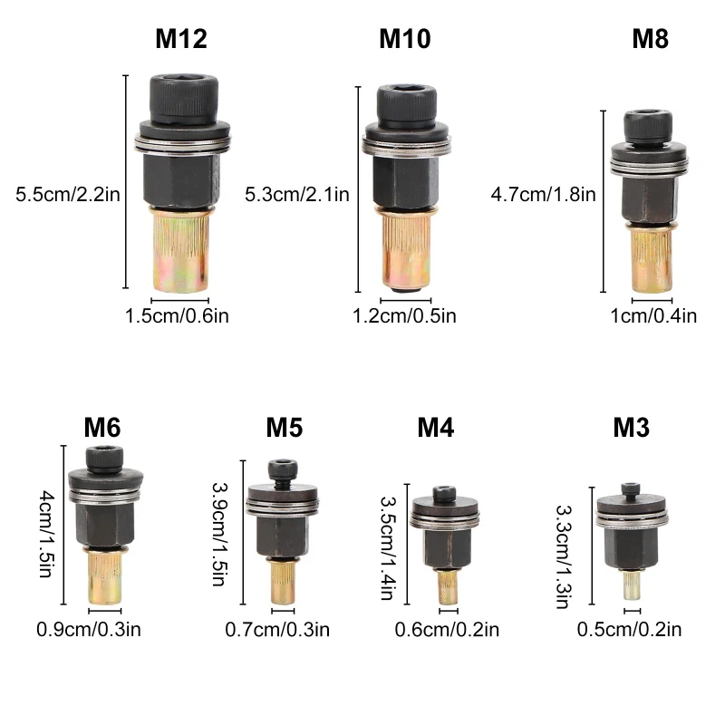 7pcs M3-12 Rivet Nut Gun Drill Adapter Tool Riveting Manual Threaded Hand Riveter Inserts Rivet Threads for Cars