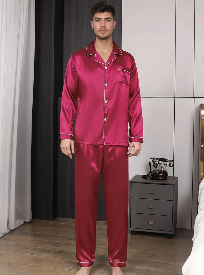 Herren-Pyjama-Set aus Satin, einfarbig, kurzärmelig, Revers-Oberteil und elastische Hose, glatte, glänzende Textur, bequem, entspannt für Loungewear – Detail 7
