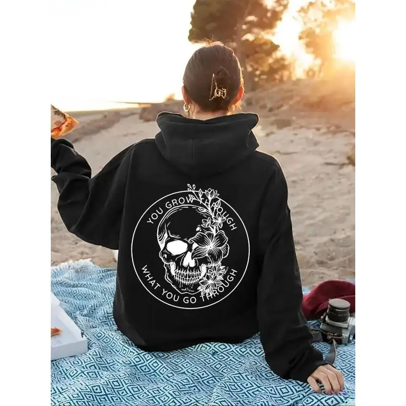 

"You Grow Through It Hoodie for Women | Skull & Flower Graphic Sweatshirt | Vintage Gothic Aesthetic Top | Self Love Gift"