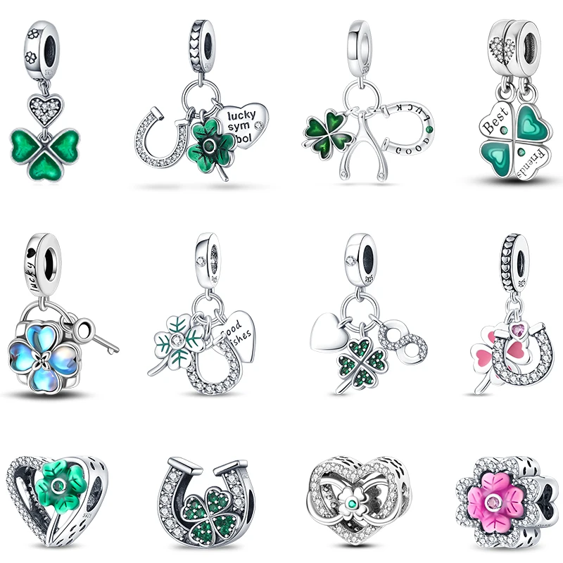 S925 Sterling Silver Colorful Shiny Lucky Grass Seven Star Ladybug Charms Beads Fit Pan Original Bracelets DIY Gifts Jewelry ﻿