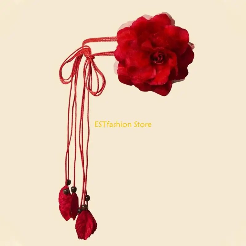 Y5GC Vintage Bohemian Knot Thin Belt for Women Flower Decors Ladies Dress Belt Fashion Female Waist Rope Accessories