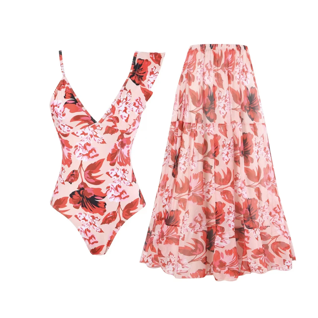 

Fashion Floral Colorblock Print One-Piece Swimsuit Set With Skirt Tight Women's Bandage Green Summer Beach Wear 2023 Luxury