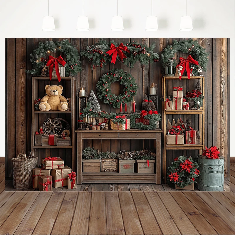 Mocsicka Christmas Home Backdrop Soft Washable Indoor Tree Photo Background Photography Wreath Bear Gift Wood House Decor Banner