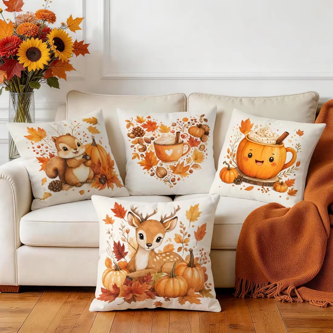 1PC Autumn Squirrel Deer Cartoon Cushions Pillowcase Polyester Cushion Cover Throw Pillow Pillowcover Home Car Sofa Decor