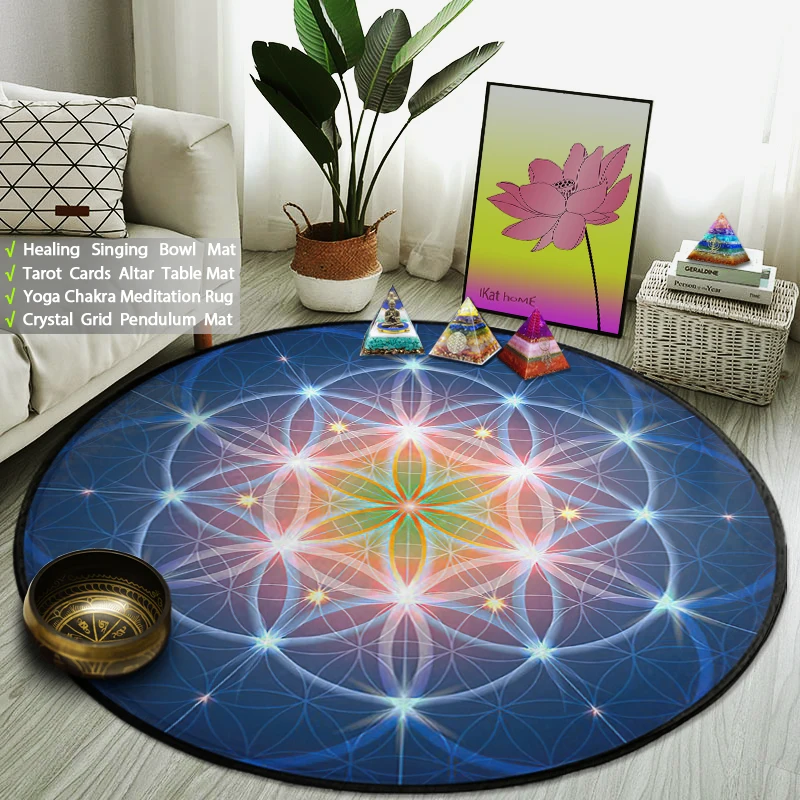 

Blue Flower Of Life Energy Rug Sun Moon Star Carpet Metatron Hexagram Yoga Meditation Floor Mat Reiki Healing Magic Circle Pad