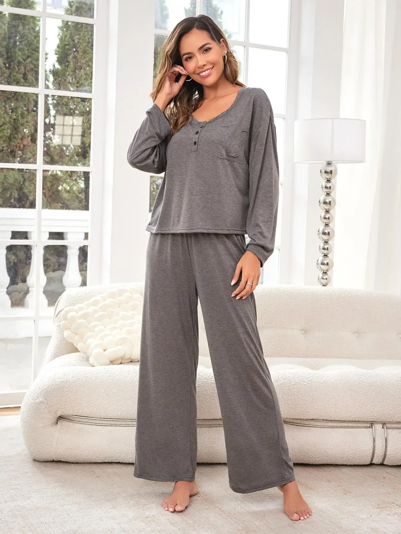 Solid Button Women Pajama Sets Long Sleeves Top & Full-Length Pants Female Sleepwear 2 Pieces Atumn Spring Fall Nightwear