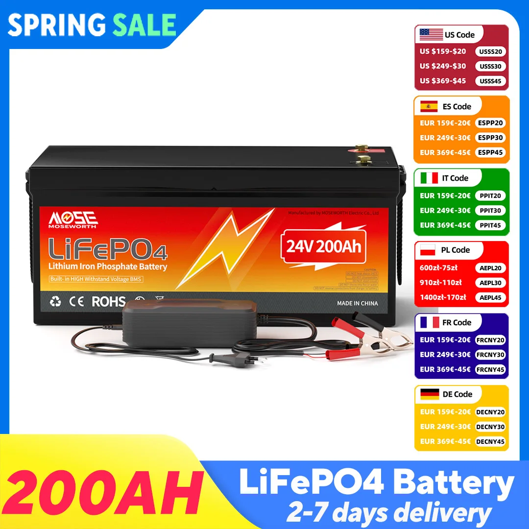 

24V 200Ah LiFePO4 Lithium Battery 10000+ Deep Cycle Battery Built-in 200A BMS 5120W Rechargeable Lithium Batteries for Off-Grid
