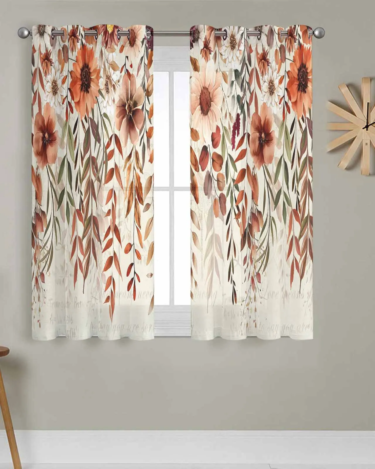 

2pcs/set Tulle Window Curtains Autumn Leaves Thanksgiving for Living Room Bedroom Transparent Chiffon Sheer Voile Window Curtain
