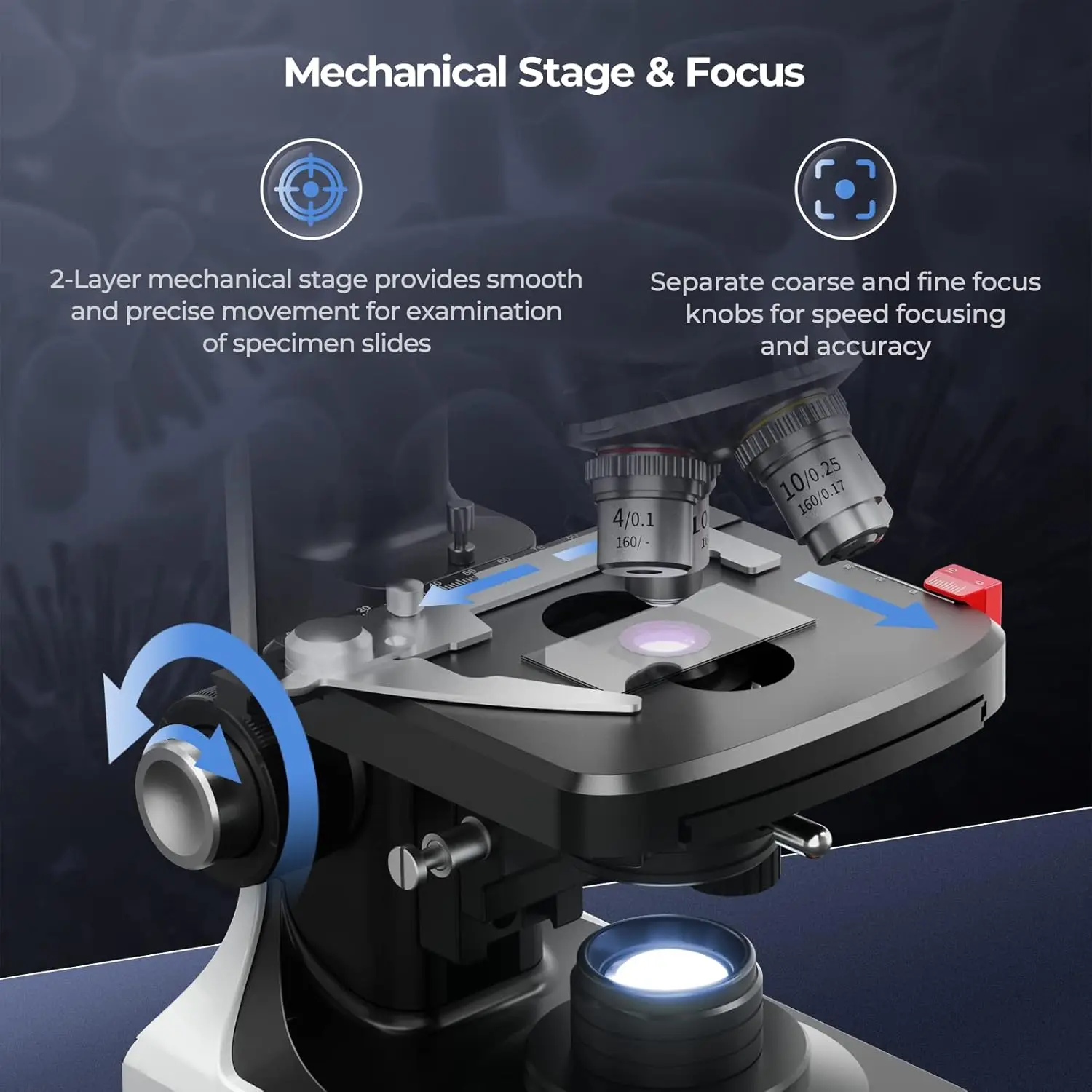 [듀얼 전원 공급] 실험실용 복합 5MP 카메라 삼안 현미경 40X-2500X 배율 및 무료 소프트웨어 캡처