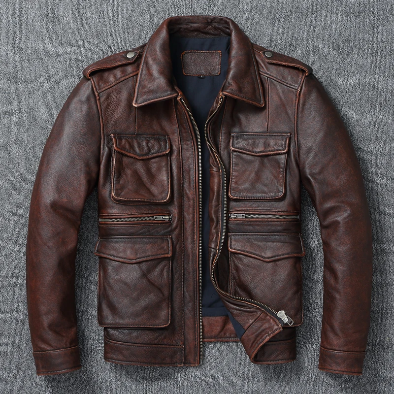 Genuine Leather Men\'s Retro Old-Fashioned Motorcycle Jacket Pure Head Layer Cowhide Slim-Fit lapel Coat Casual Trend