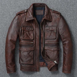 Jaqueta de couro genuíno retrô de motocicleta masculina, couro de vaca puro, casaco de lapela slim fit, tendência casual, antiquado