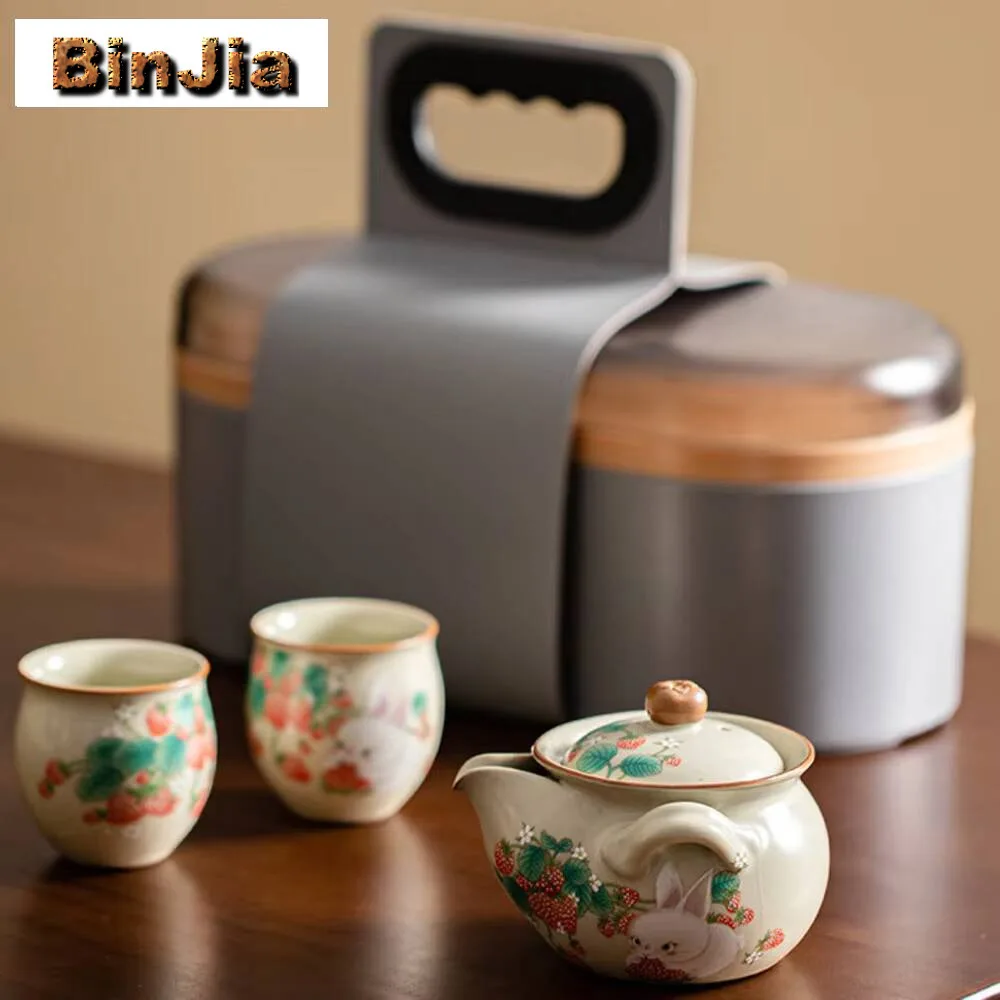 كريم رو فرن الفراولة الأرنب طقم شاي كيت بوتيك كاملة 1 وعاء 2 أكواب Teaware المحمولة التخييم في الهواء الطلق الأسهم حقيبة درينكوير