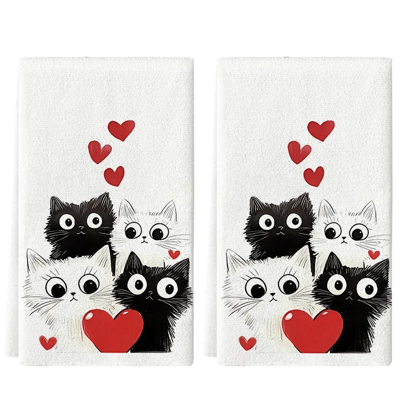 Heart-Shaped Black&White Cat Kitchen Towel 40*60cm Towel Set Super Absorbent Soft Cleaning Cloth Cooking and Baking Tea Towel
