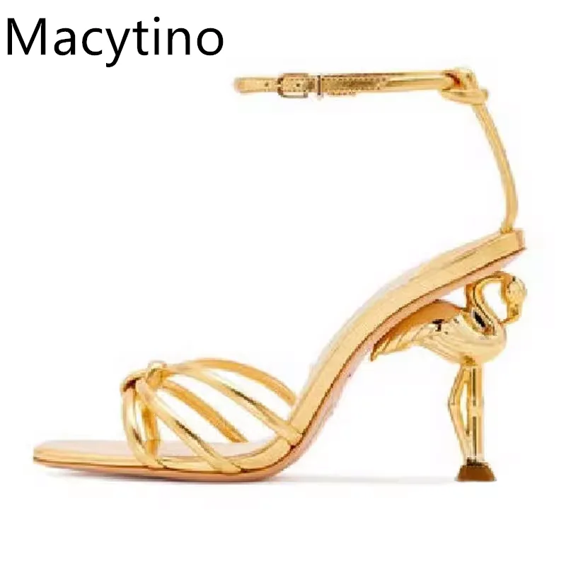 

Novelty Flamingo Heel Sandals Women Sexy Narrow Band Genuine Leather Ankle Strap Banquet Shoes Summer