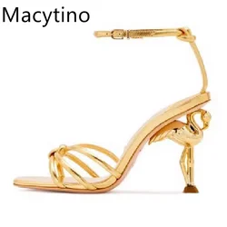 Novelty Flamingo Heel Sandals Women Sexy Narrow Band Genuine Leather Ankle Strap Banquet Shoes Summer
