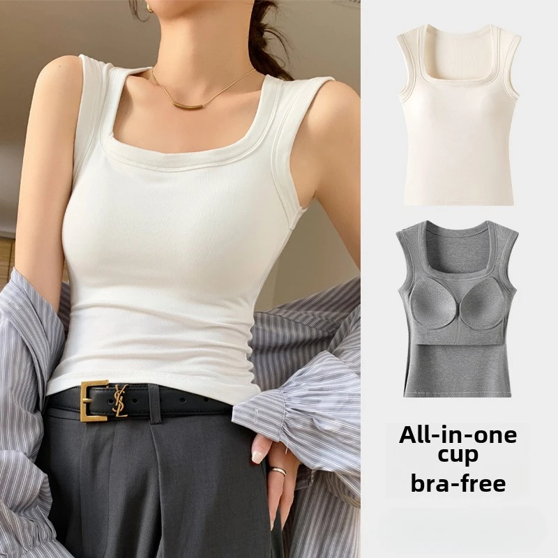 Women's Cotton Built-in Bra Vest Cami with Removable Padding, No Need Bra Top for Yoga Gym & Daily Comfort Wear Running Vest