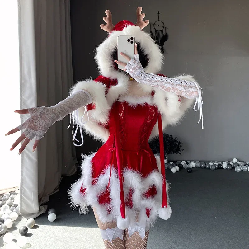 AniLV Christmas Female Santa Claus Series Costume Xmas Party Snow Elk Girl Red Dress Cloak Rope Unifrom Sexy Pajamas Cosplay