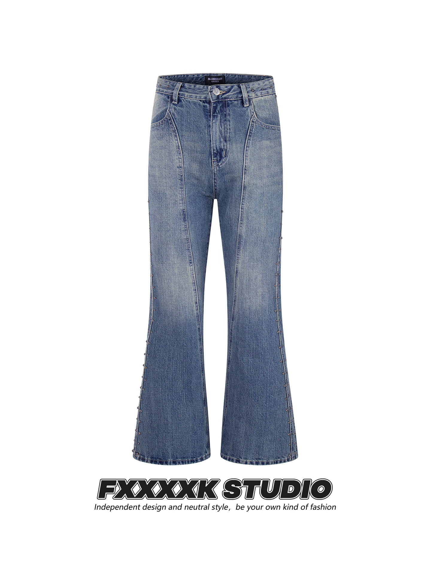 FXK Original Vintage Side Beaded Flared Jeans Slim Fit Men Women Casual Straight Leg Long Pants Cotton Material Youth Faion