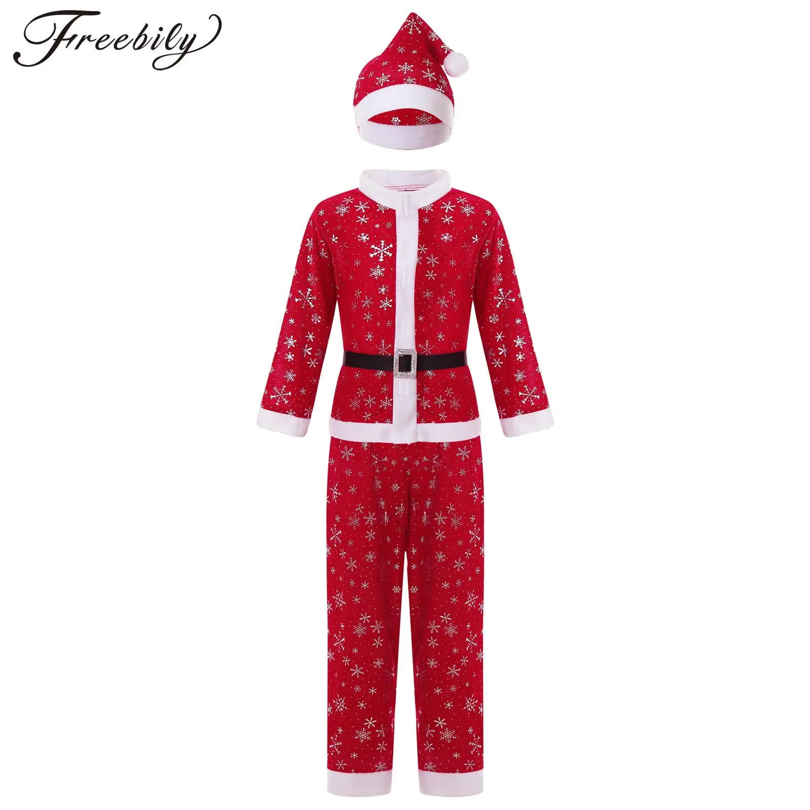 Kids Boys Christmas Santa Claus Cosplay Costume Xmas New Year Party Snowflake Print Outfit Long Sleeve Tops with Pants Belt Hat