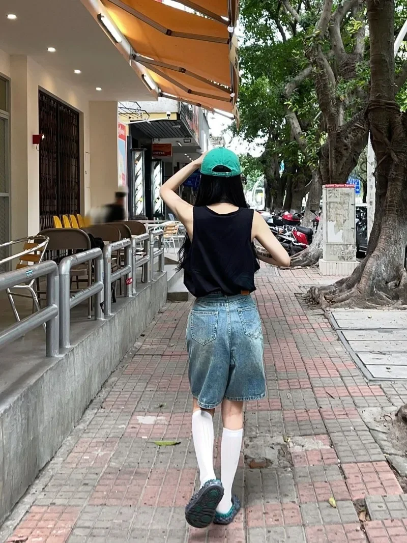 New Arrival American Vintage Half Length Denim Pants Korean All Match Summer High Street Women Clothing Y2k Punk Girl Trousers