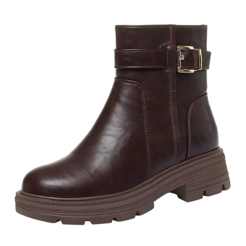 

4.5cm Comfortable Non Slip Soft Leather Boots Women's Square Heel Shoes Winter 2025 Casual Thick Bottom Warm Fur Ankle Boots Mom