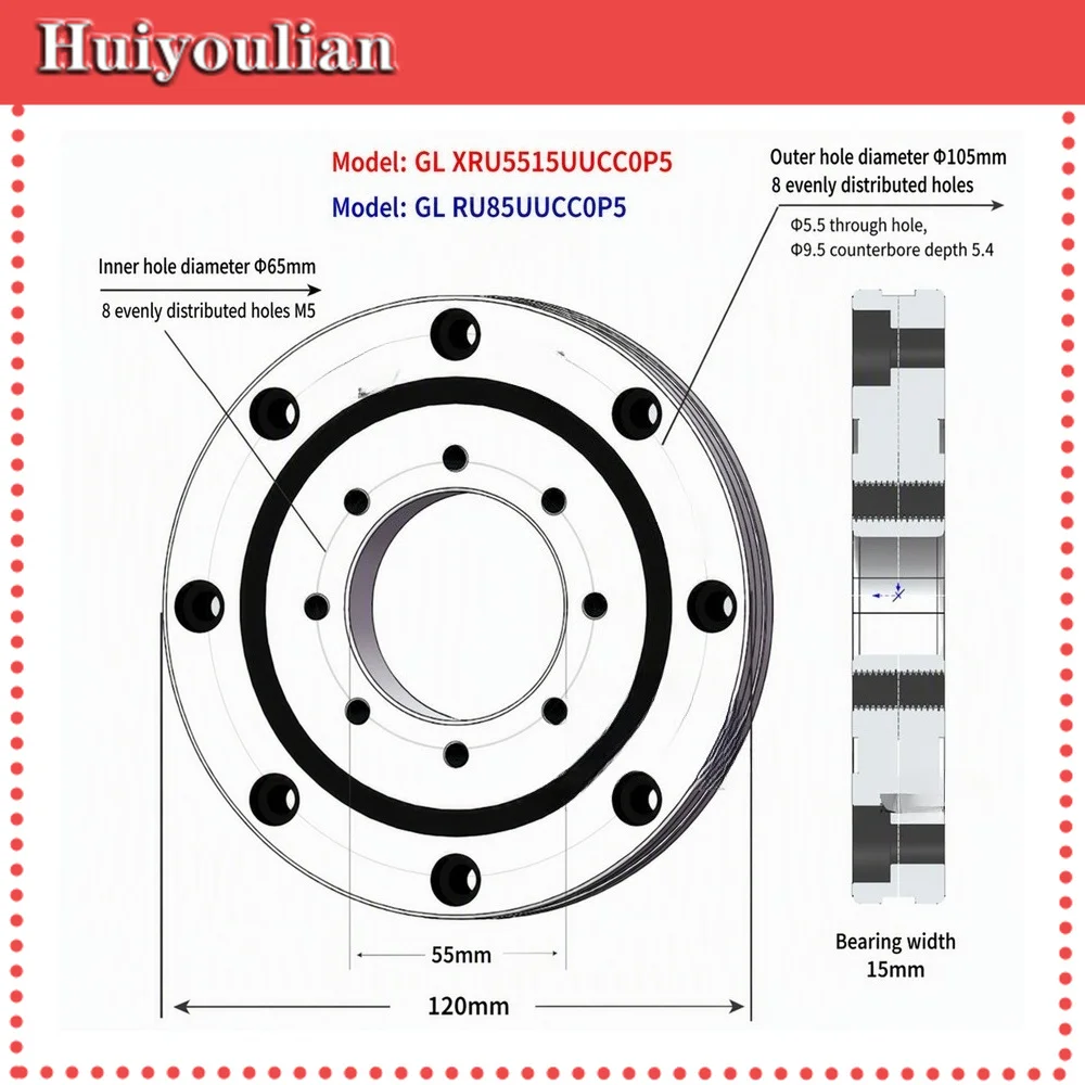 XRU5515UUCC0P5 Crossed Roller Bearing Precision Thin Section Rotary Bearing with Mounting Holes for Robot Joint