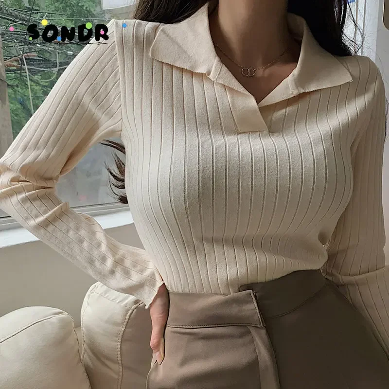 

Korean Style Turn-Down Collar Women Sweater Female Long Sleeve Top Casual Pullover Knitted Sweaters Fall Clothes Sueter Feminino