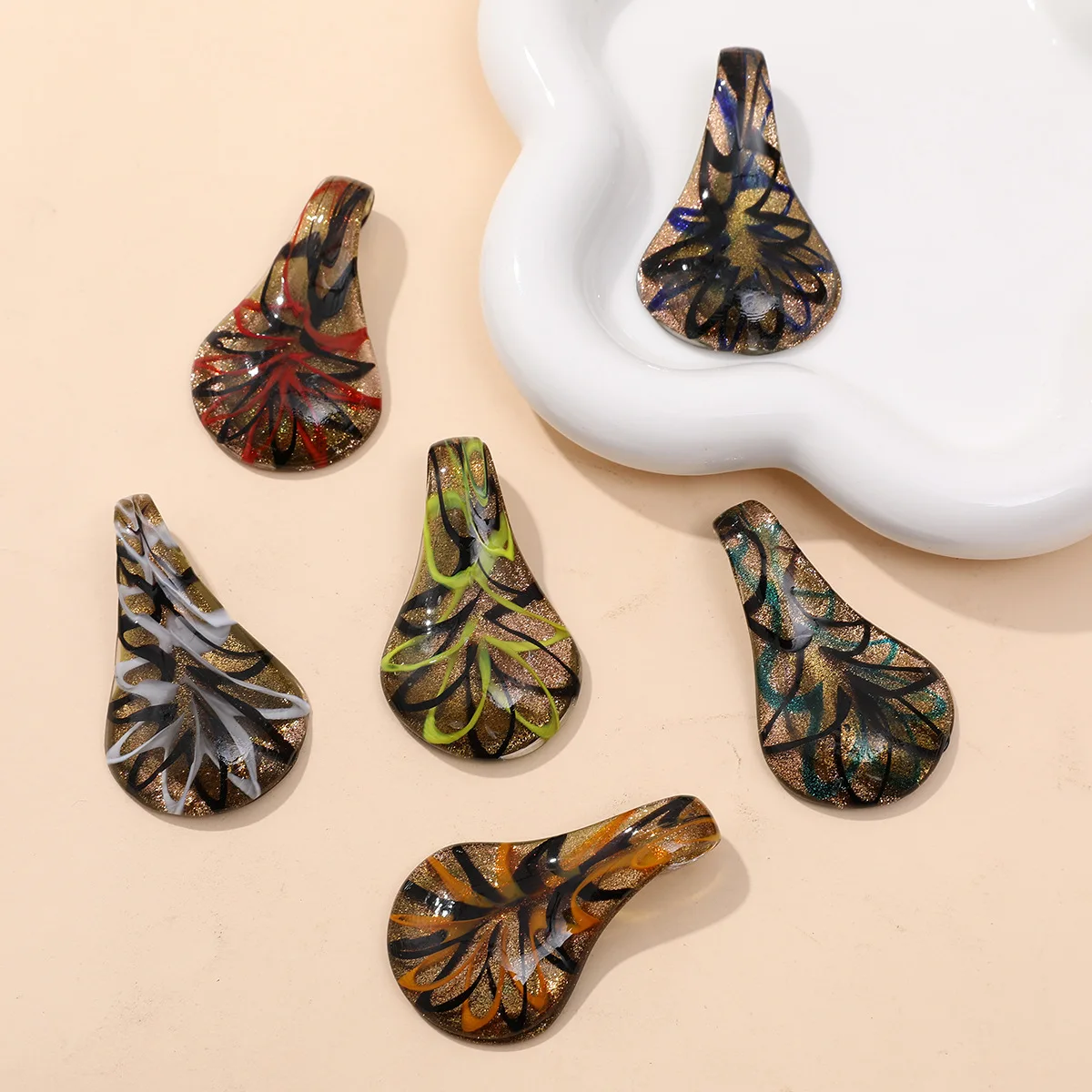 Handmade Murano Lampwork Glass Colorful Leaf Necklace  Jewelry Chinese Style Water Drop Shape