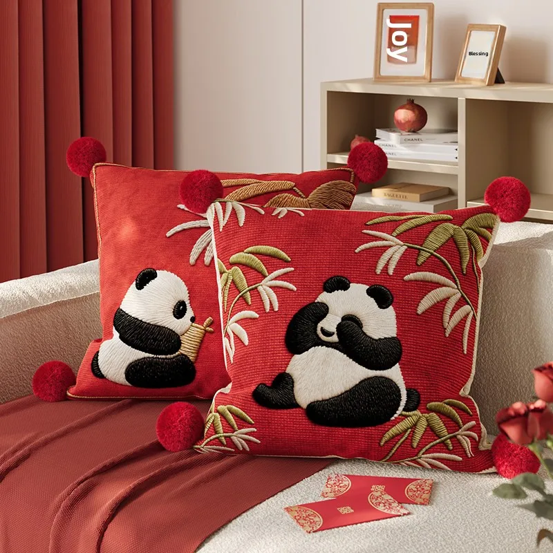 

Cute Panda Red Festive Pillowcase Living Room Sofa Backrest Cushion Lumbar Pillow Bed Head New Year Decoration Removable And ...