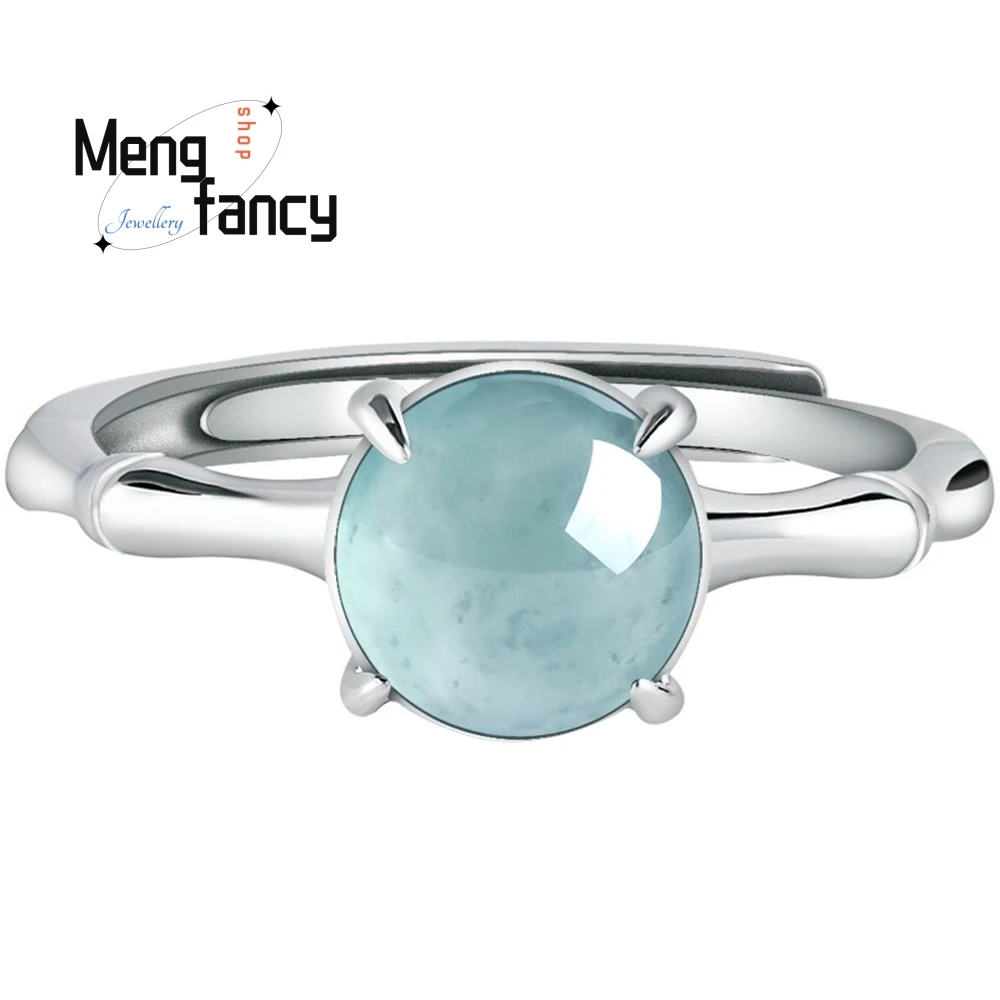 Natural A-goods Jadeite Blue Water Bamboo Ring Ice Jade S925 Silver Inlaid Couple Promise Luxury Jewelry High-grade Holiday Gift