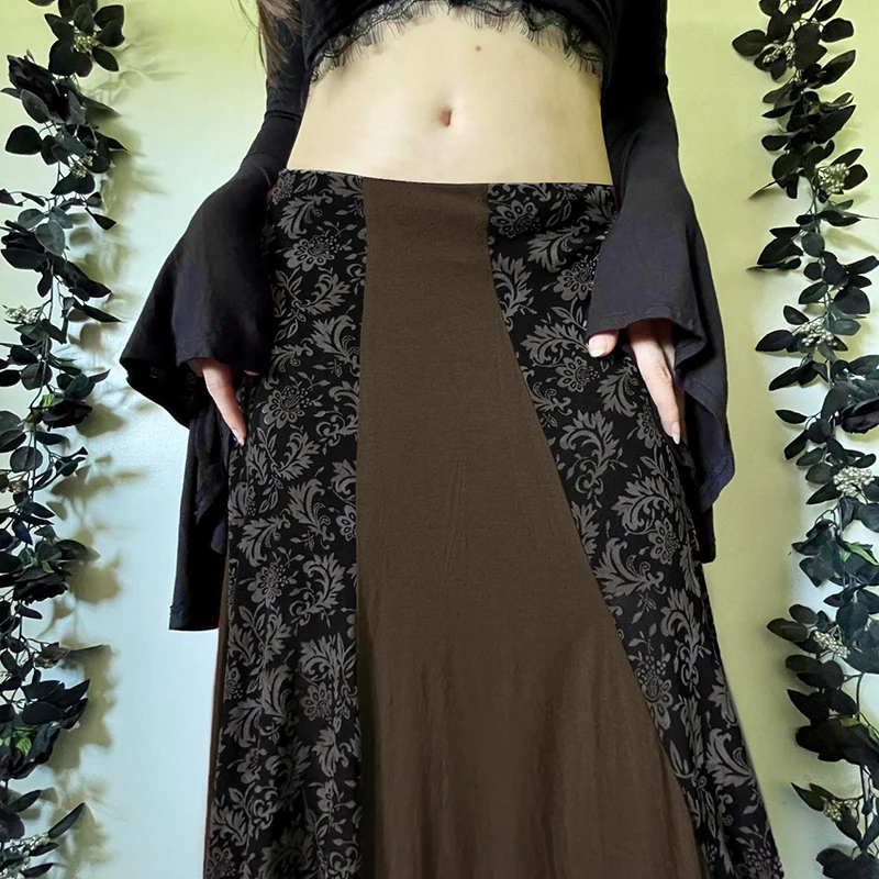 Retro Einfarbig Floral Patchwork frauen Röcke Hohe Taille Unregelmäßigen Saum Knöchel-länge Rock Frühen Herbst Neue A-linie röcke