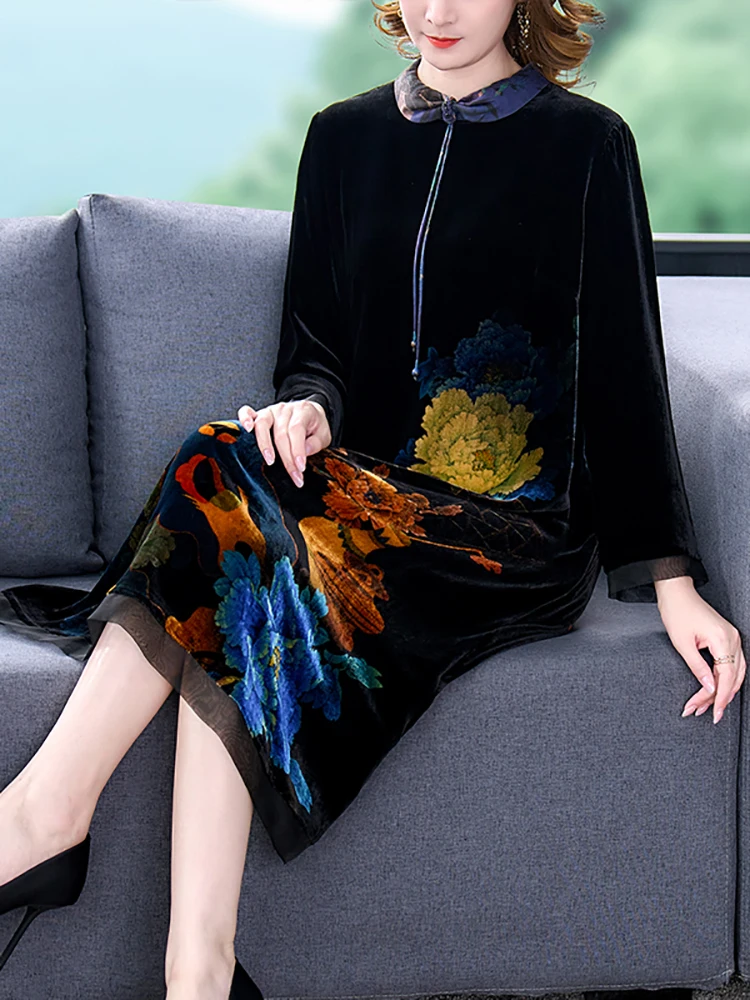 2024 Black Floral Velvet Polo Collar Midi Dress Autumn Winter Thick Warm Loose Prom Dress Women Korean Vintage Hepburn Vestidos