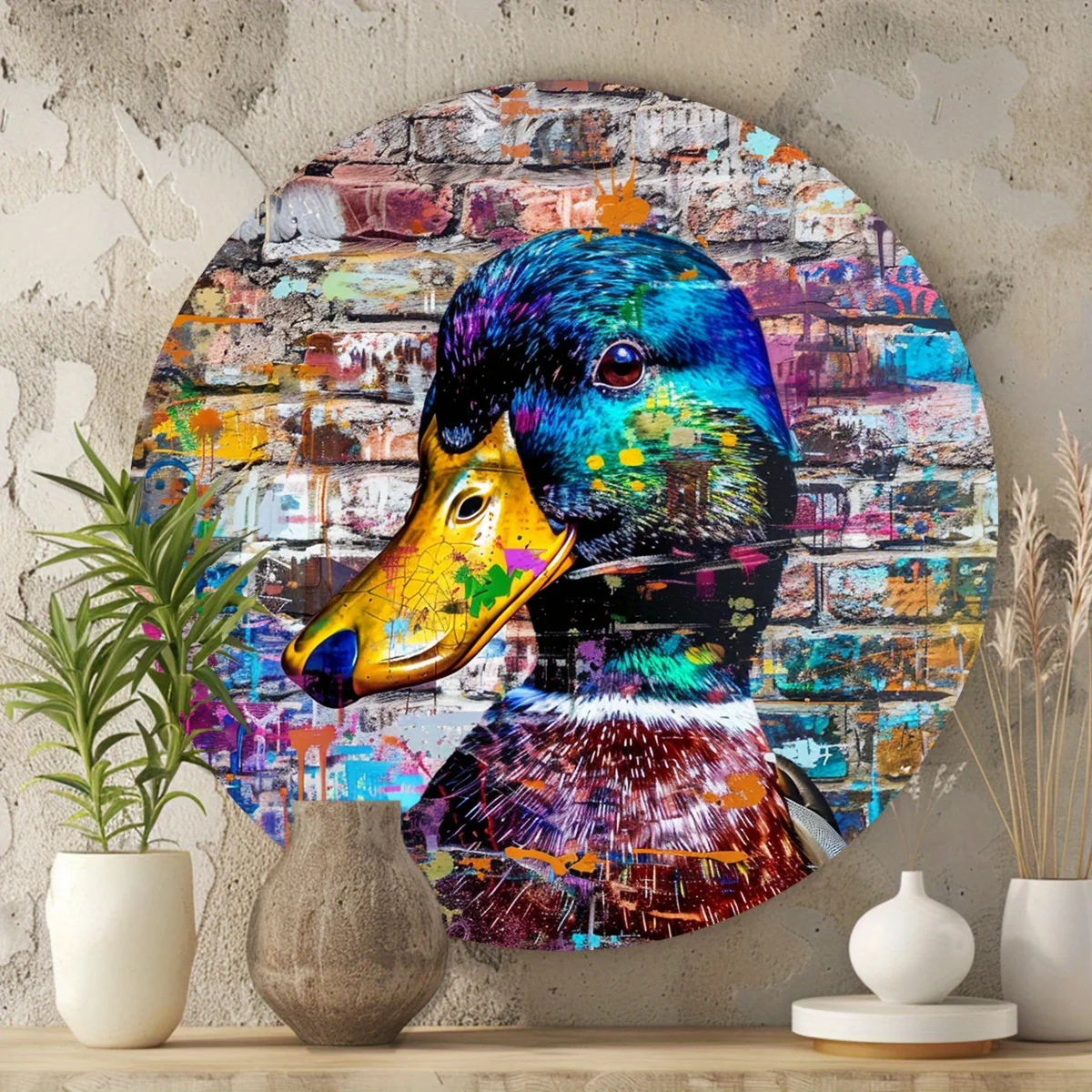 1pc, Graffiti-Style Duck, Vintage Round Metal Decor, Garden Kitchen Yard Sign For Home Room Living Room Office Decor Autumn Wall