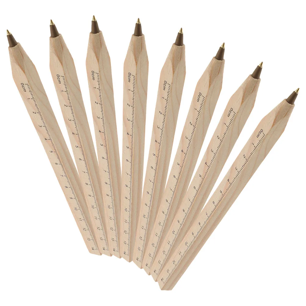 

8pcs Solid Wood Sign Pen Engraved Ballpoint Dual Function Ruler Comfortable Grip Classroom Prize Beige Office Wooden Fountain