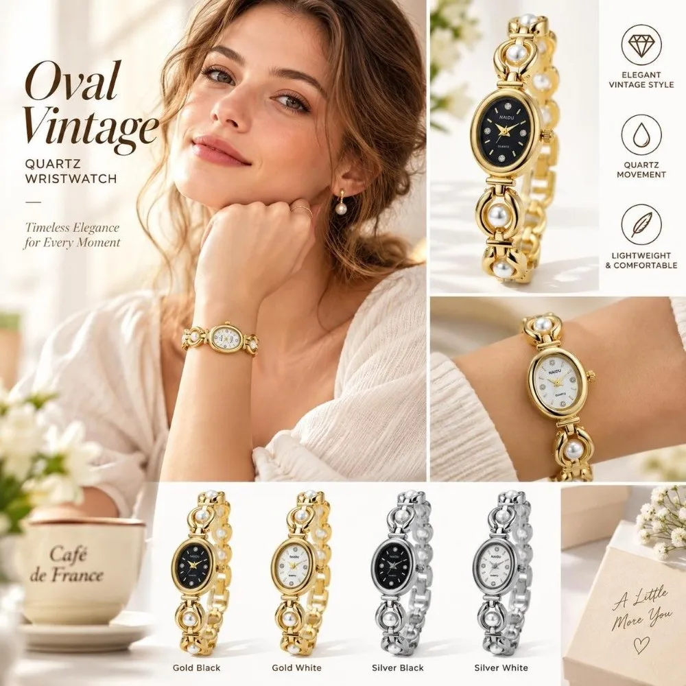 Elegant Oval Dial Women's Watch Pearl Decoration Analog Display Quartz Watch Small Bracelet Watch For Students Girls