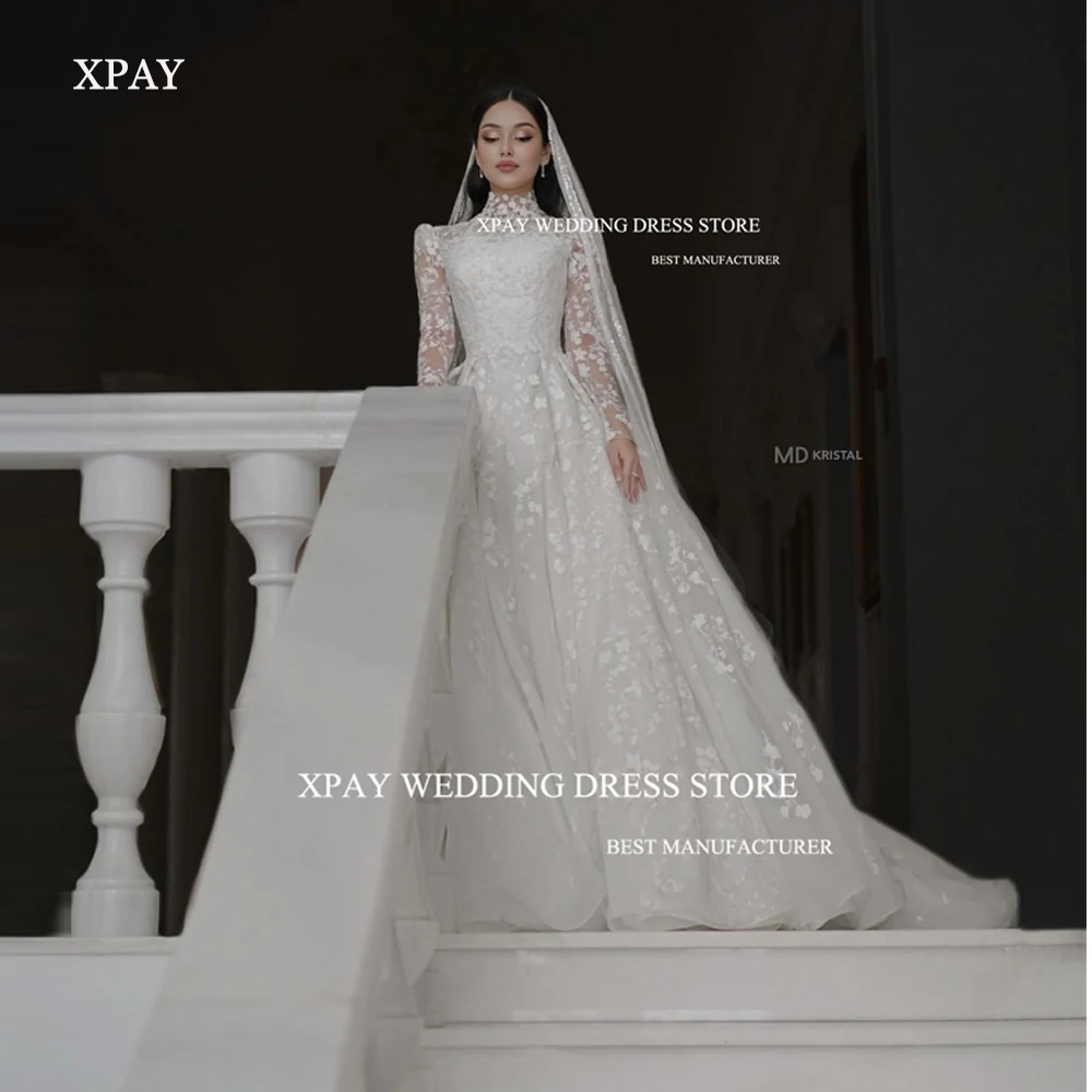 

XPAY 2024 Modest Full Lace Muslim Arabic Women Wedding Dresses Long Sleeves High Neck Sweep Train Bridal Gowns With Veil