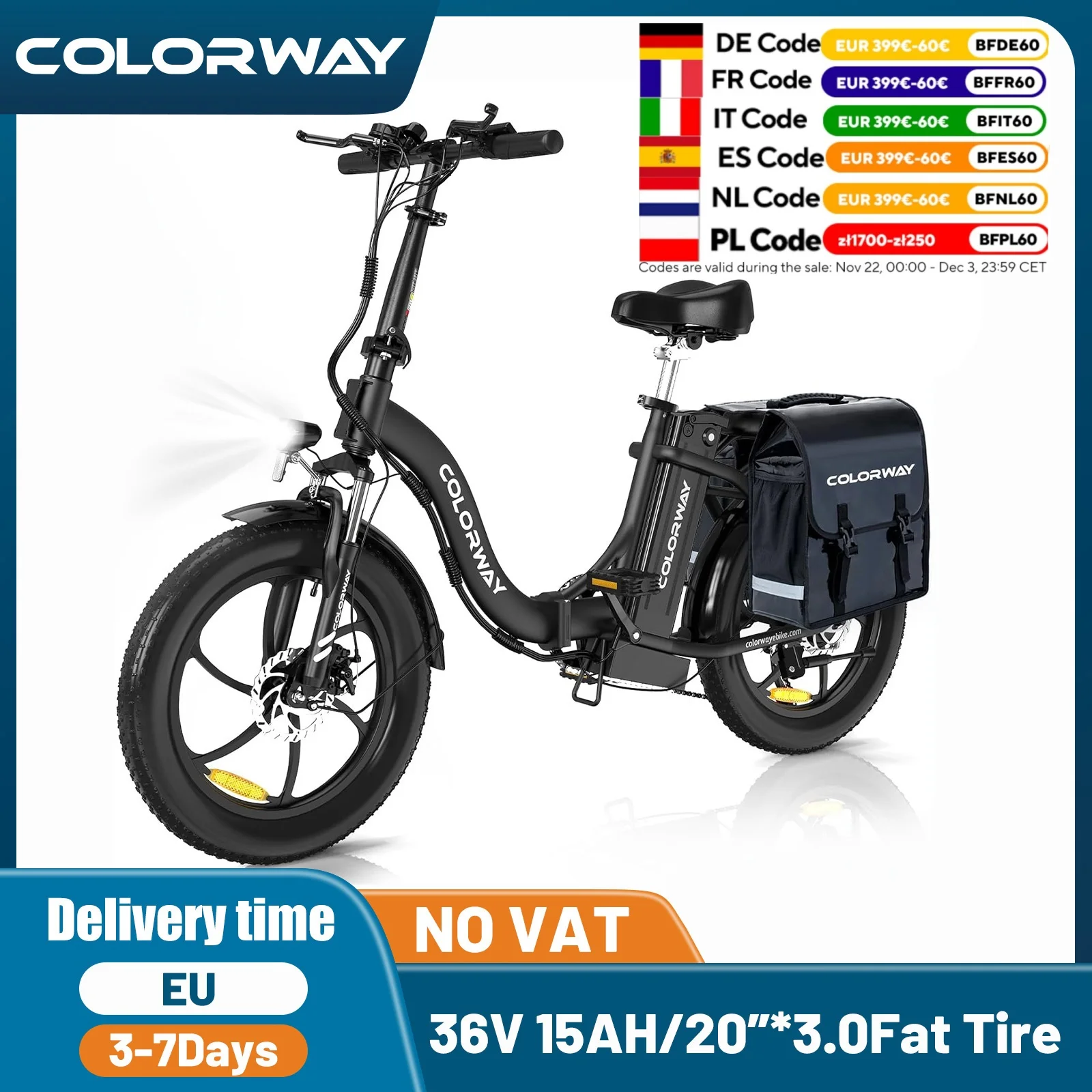 COLORWAY 20'' Electric Bike, Folding EBike, with 36V 15Ah Removable Battery, 7-Speed, 250W Motor, Unisex Adult with pannier bag