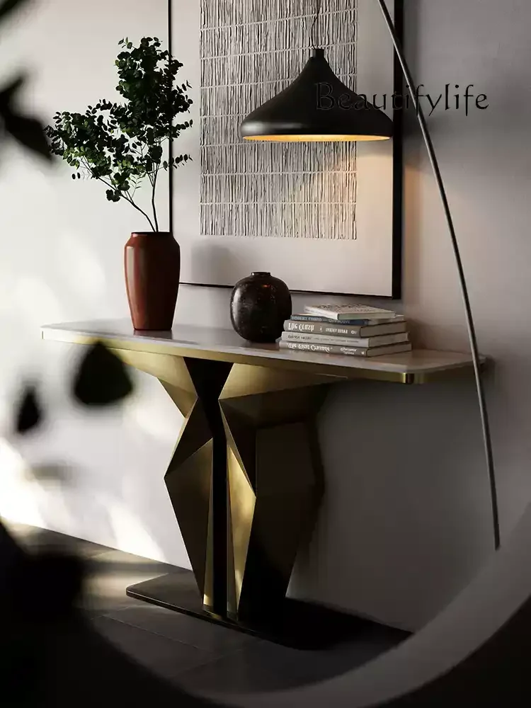 

Natural marble entrance table, living room stainless steel shelf against the wall, modern light luxury entrance table