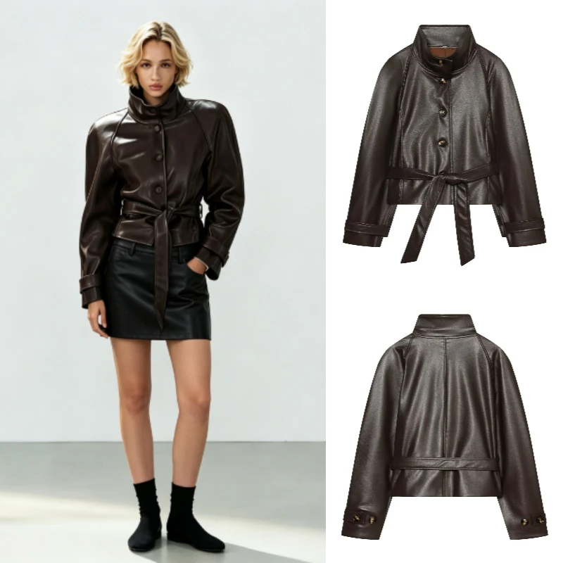Women's Jacket 2026 Fall/Winter New Faux Leather Fashion Casual Belted Stand Collar Elegant European Street Style Coat