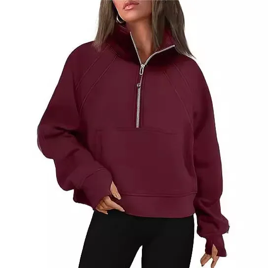 Women New Half-zip Short Stand-up Collar Plus Velvet Solid Color Long-sleeved Sweatshirt