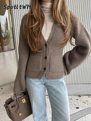 Women Solid Knitted Cardigan Elegant V-neck Single Breasted Long Sleeves With Pocket Jumper New Autumn Commute Sweater Outwear ﻿