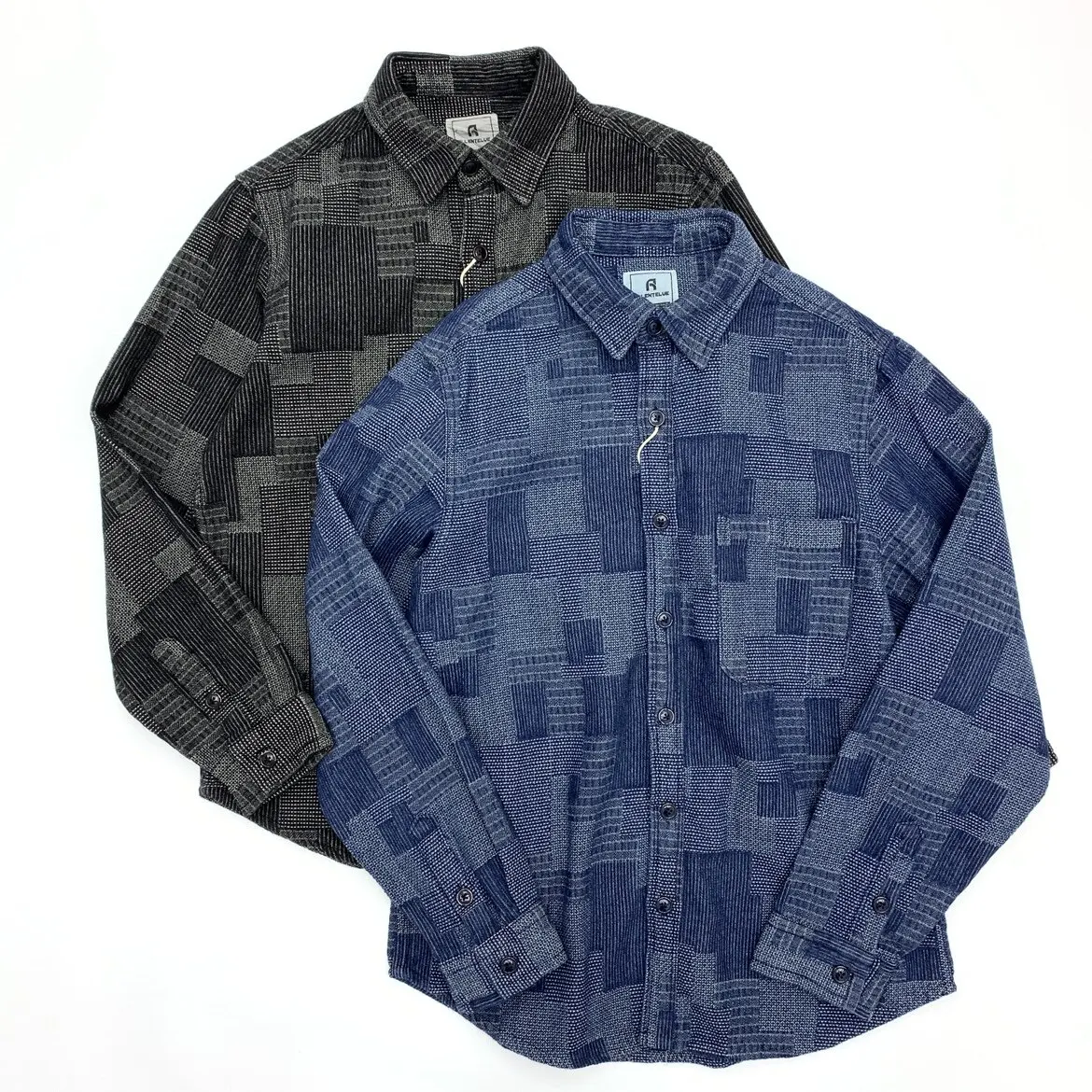 Men's Amekaji Heavyweight Denim Shirt Japanese Vintage-Style Boro Patchwork Jacquard Paneled Niche-Design Long-Sleeve Shirt