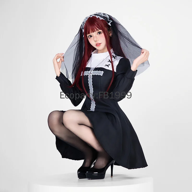 New Women Halloween Nun Cosplay Costume Black Anime Sexy Cross Gothic Lolita Dress Veil Set Carnival Party Ghost Bride Dress Up