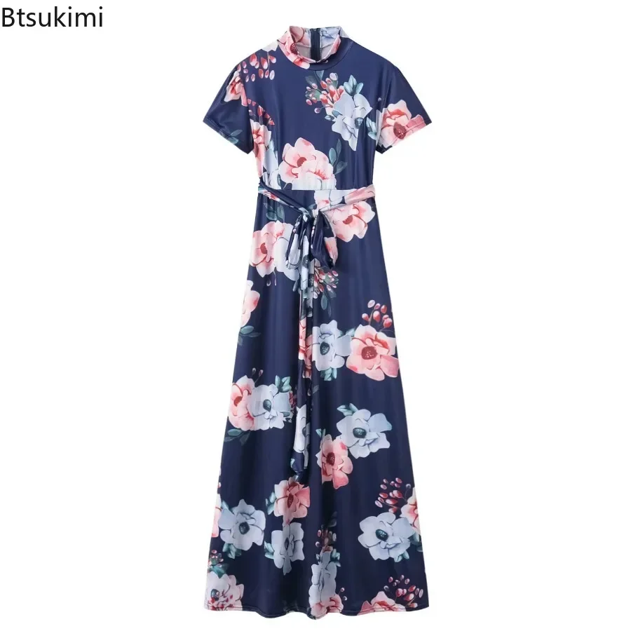 New 2026 Women\'s Summer Casual Floral Print Dress Luxury Retro Fashion Round Neck Mid Waist Comfortable Large Swing Dress Female