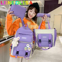 4 Pcs/Set Harajuku Women Laptop Backpack Canvas School Bags for Teenage Girls Kawaii College Student Kids Book Bag Rucksack 2024