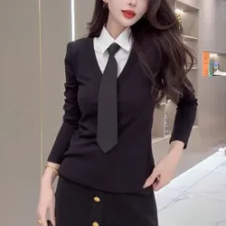 New Spring Autumn Color Polo-Neck Button Tie Up with Spliced Fake Two Pieces Slim Casual Preppy Style Long Sleeve Women's Tops