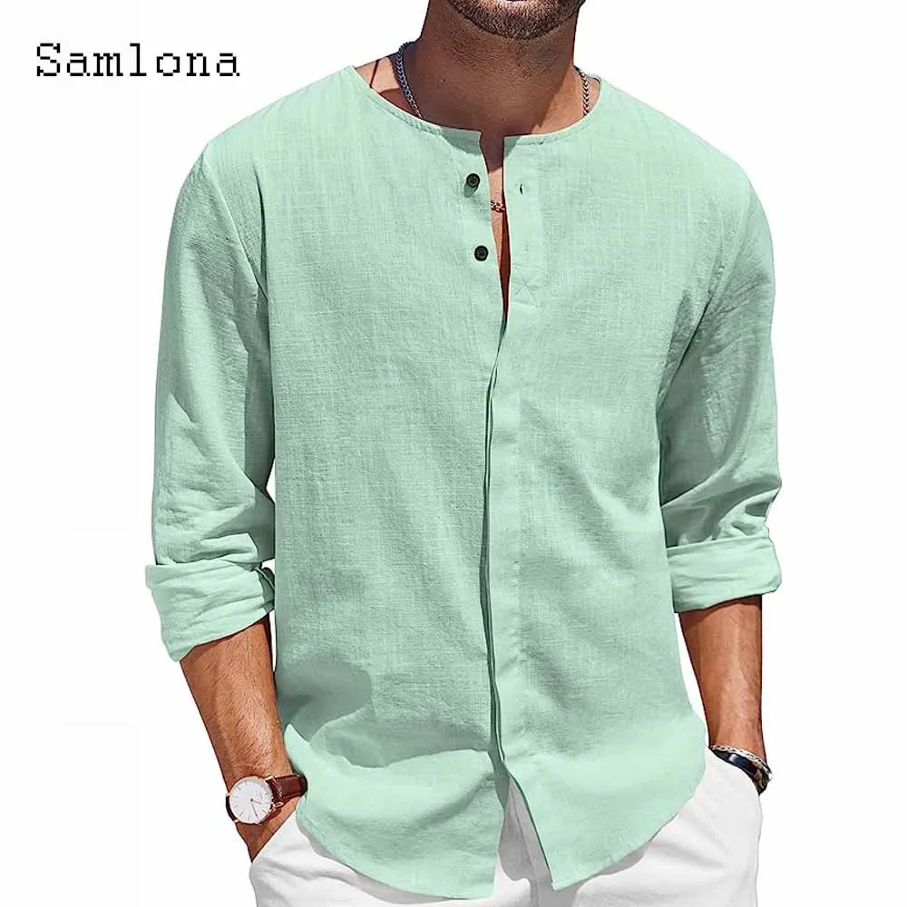 Men Collarless Linen Shirts Clothing 2023 Single Breasted Tops Solid Blue Simple Beach Shirt Mens Long Sleeves Casual Blouse