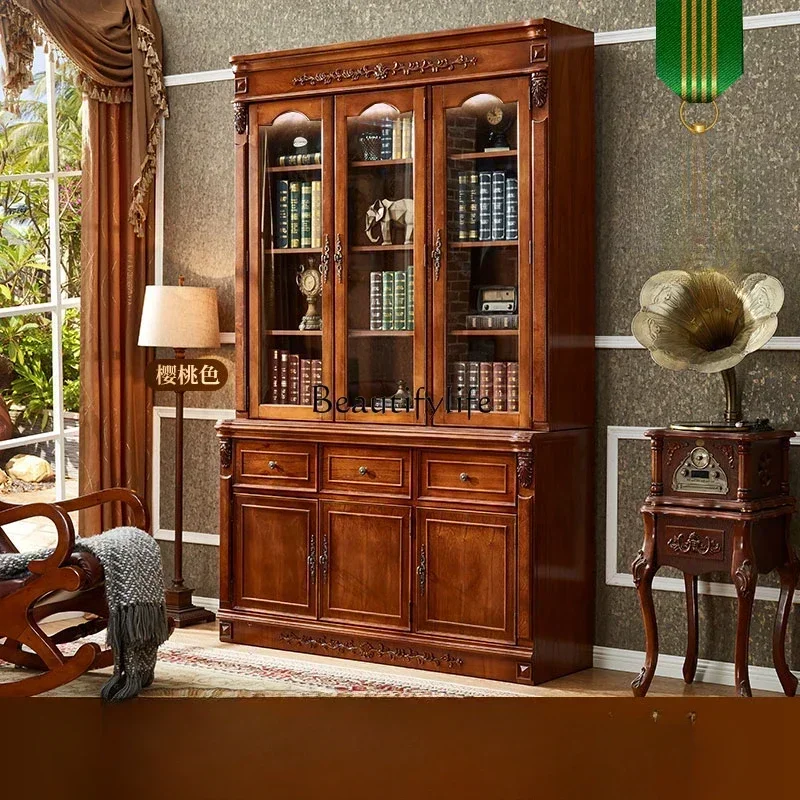 

2 yj15 Bookcase with Glass Door European-Style Solid Wood Retro Bookcase Floor-Standing Rack Combination Clothes Closet